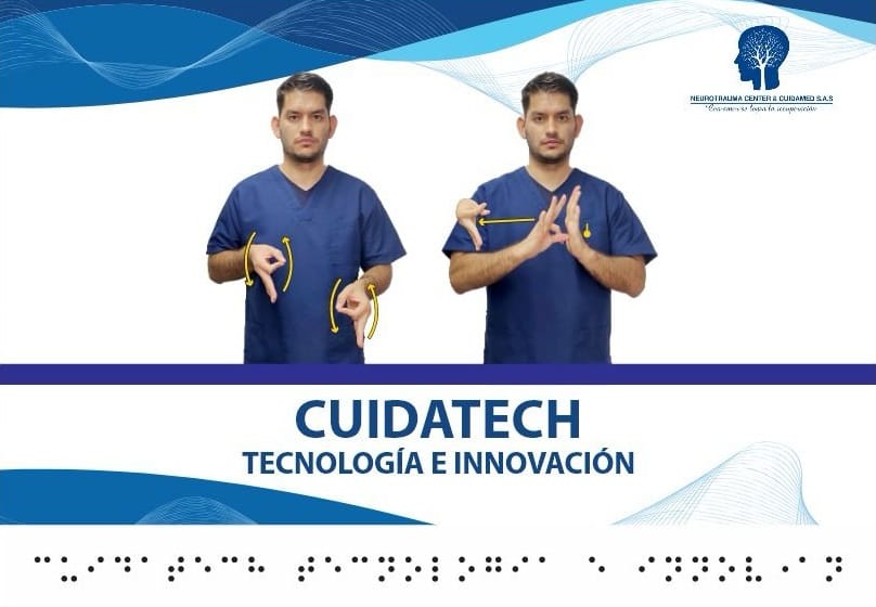 Un profesional sordo realiza señas en LSC junto a la palabra “CUIDATECH” como ejemplo de señalización inclusiva en Braille.
