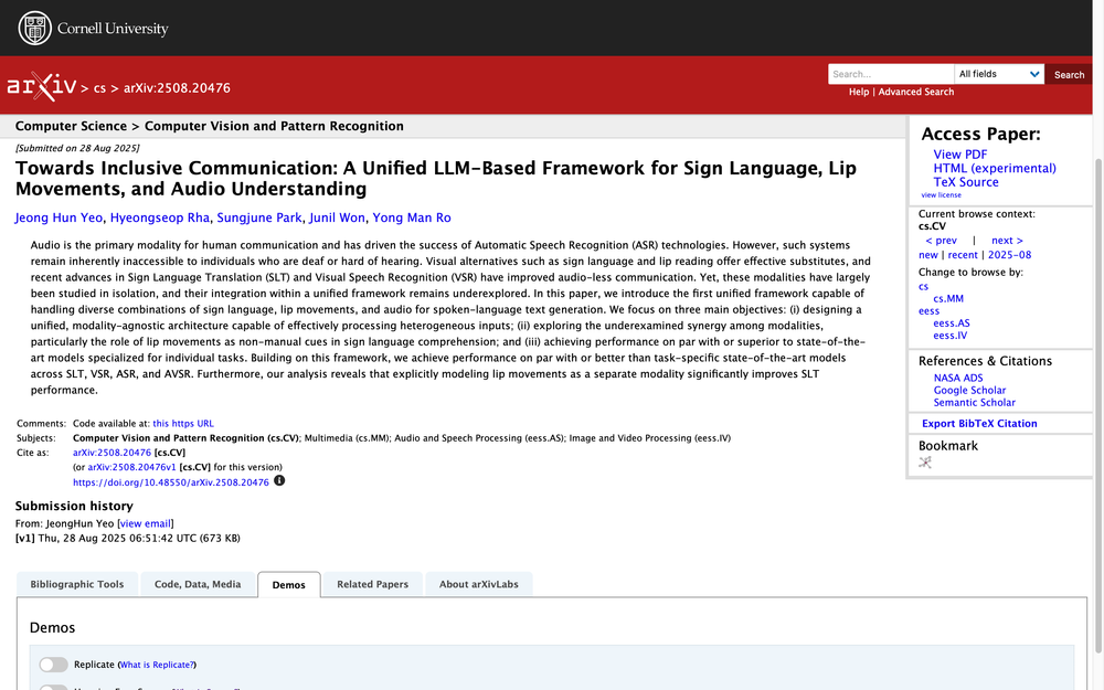 Artículo en arXiv sobre un modelo unificado de IA que integra lengua de señas, lectura labial y audio.